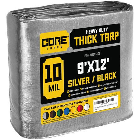 CORE TARPS 12 ft L x 0.5 mm H x 9 ft W Heavy Duty 10 Mil Tarp, Silver/Black, Polyethylene CT-601-9X12